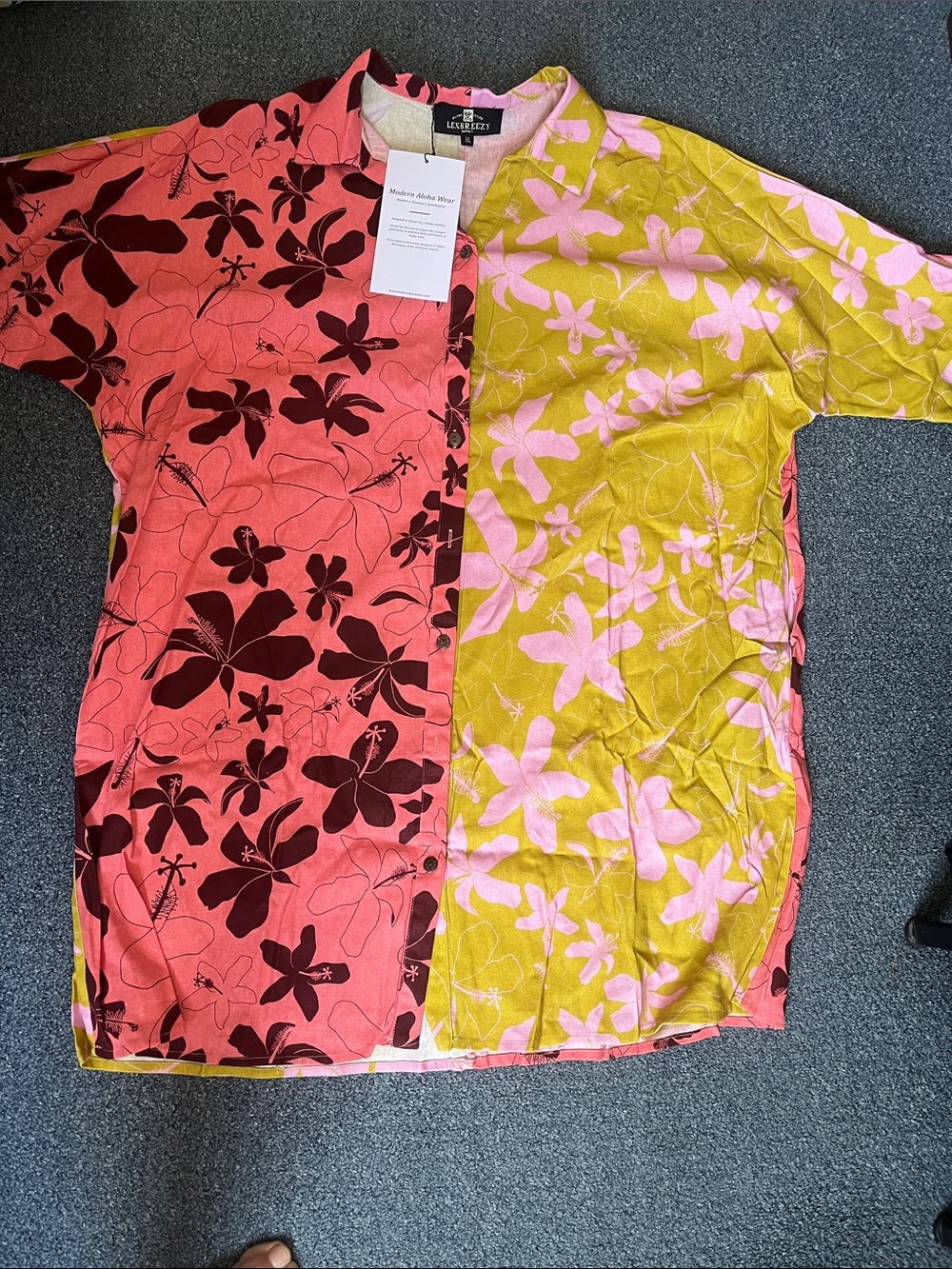 LEXBREEZY Aloha button down dress— Coral Pink & Olive Yellow SHIRT DRESS